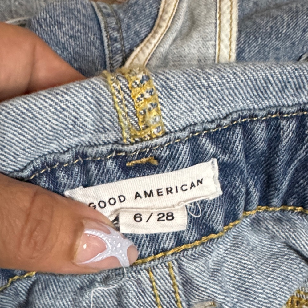 Good American Overall Denim Jeans with Yellow Stitching